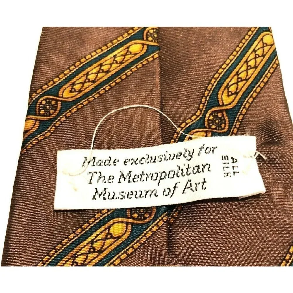 Vtg Metropolitan Museum of Art Silk Men's Neck Tie Brown Gold Navy Stripe